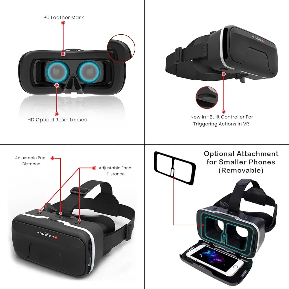 Irusu Monster VR Headset - Virtual Reality Glasses with 40 MM HD Lens,Built in Touch Button and Controller for Learning | Gaming | Watching Movies | Virtual Experiences