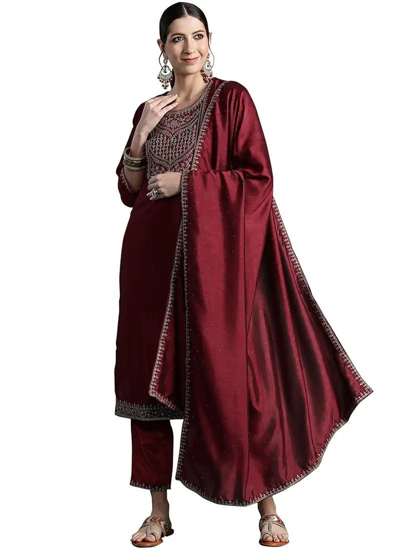 INDO ERA Women's Embroidered Silk Blend Straight Kurta Pant With Dupatta Set