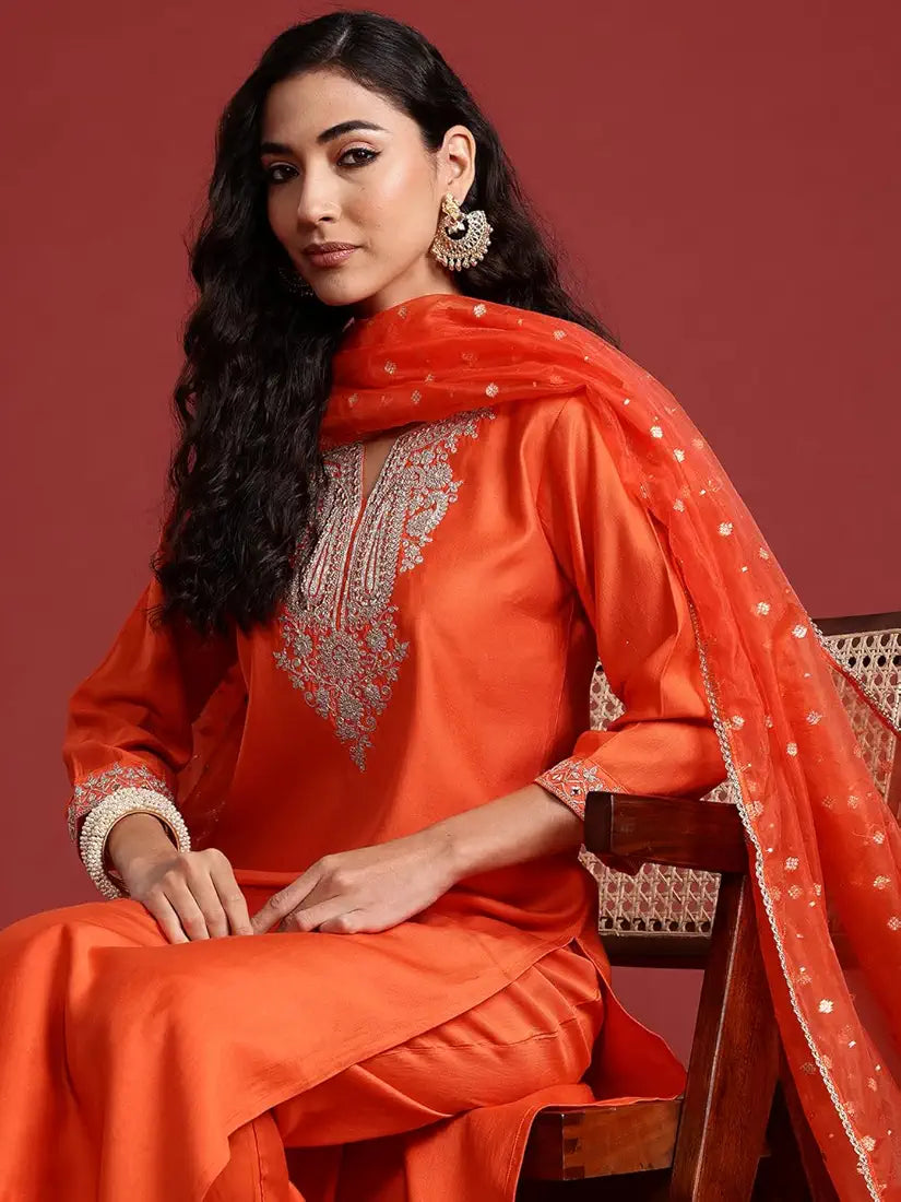 INDO ERA Women'S Embroidered Viscose Straight Kurta And Pant With Dupatta Set