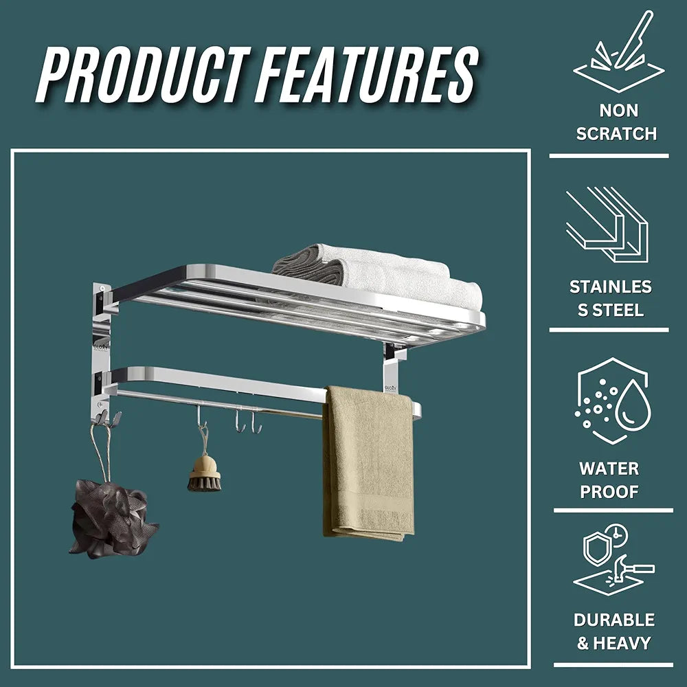 GLOXY Stainless Steel Folding 24 Inches Large Towel Rack for Bathroom/Towel Stand for Bathroom Accessories Set and Fittings Optimal Storage, with Sleek Chrome Finish