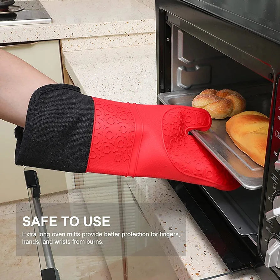 THW® Professional Large Silicone Oven Gloves Heat Proof,Kitchen Oven Mittens for Baking Heat Resistant Oven Mitts Cotton Quilted Silicone Gloves for Oven, Red