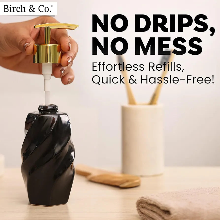 Birch & Co. Ceramic Soap Dispenser For Wash Basin - Handwash Dispenser Bottle - Leak-Proof Design With Silver Glossy BPA-Free Pump, Modern, Black,Soapdispenser_Modern_Black