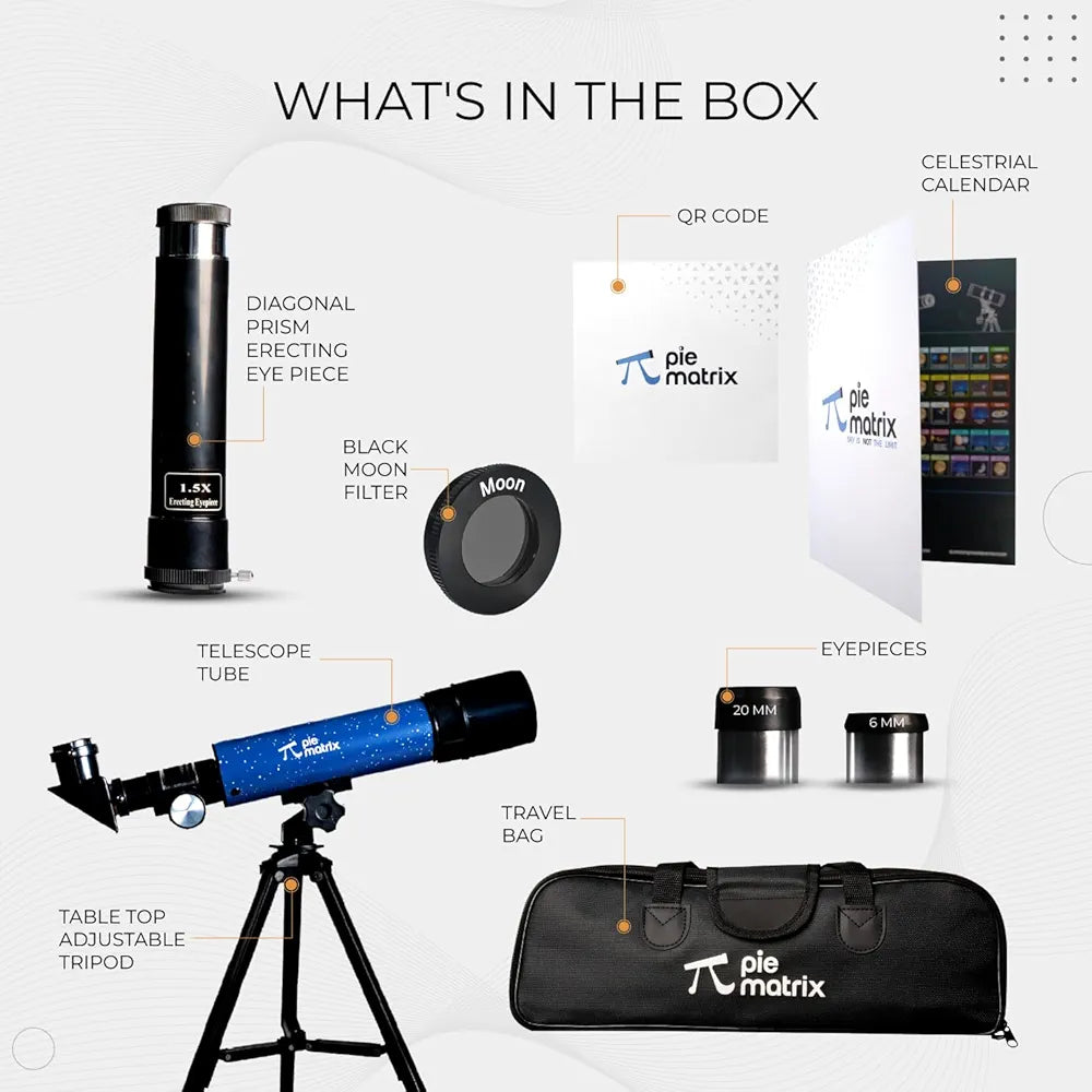 Pie Matrix Neo 50/360 HD Zoom Refractor Telescope – 90x Magnification, 360° Rotating Tripod, Clear Views of Moon & Wildlife, Lightweight Travel Bag – Ideal for Beginners & Stargazers.