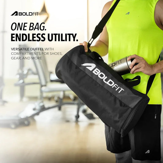 Boldfit Gym Bags for Men with Separate Shoe Compartment Unisex Duffle Bag for Carry & Travel Adjustable for Shoes Towel Duffel Sports Bag for Women & Men 20L - Black Grey