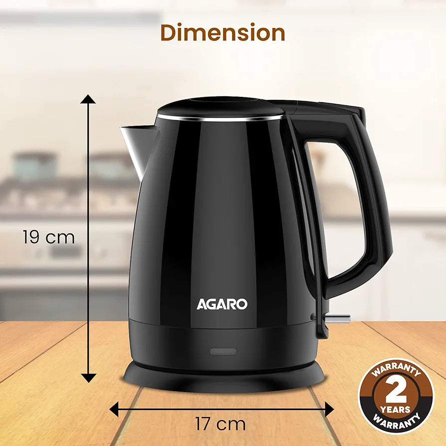 AGARO Royal Double Layered Kettle, 1.5 Litres, Double Layered Body, Cool Touch Handle, Dry Boiling Protection, Stainless Steel Inside Body, 1500W, Black