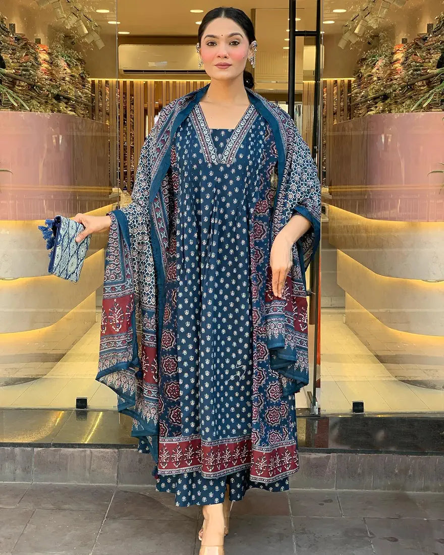 GoSriKi Women's Rayon Viscose Anarkali Printed Kurta with Palazzo & Dupatta