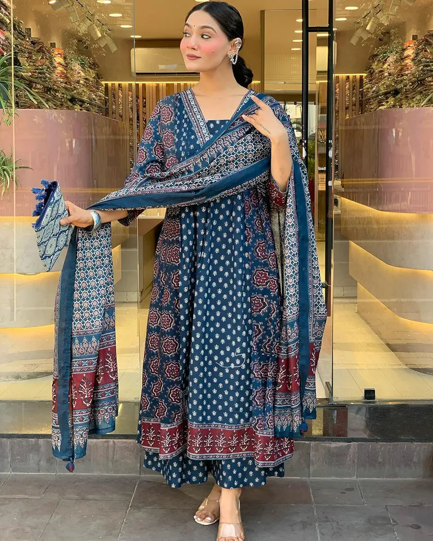 GoSriKi Women's Rayon Viscose Anarkali Printed Kurta with Palazzo & Dupatta