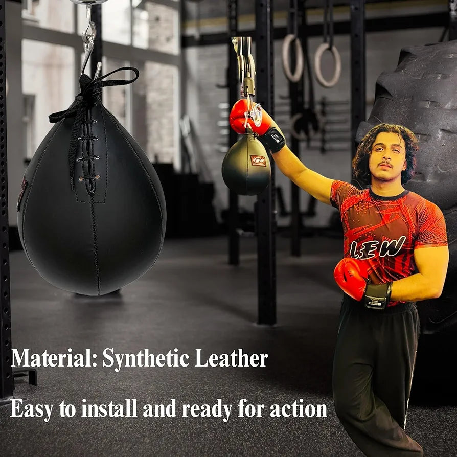 LEW Speed Ball for Boxing Training – Professional Leather Punching Bag with Ceiling Hook Mount