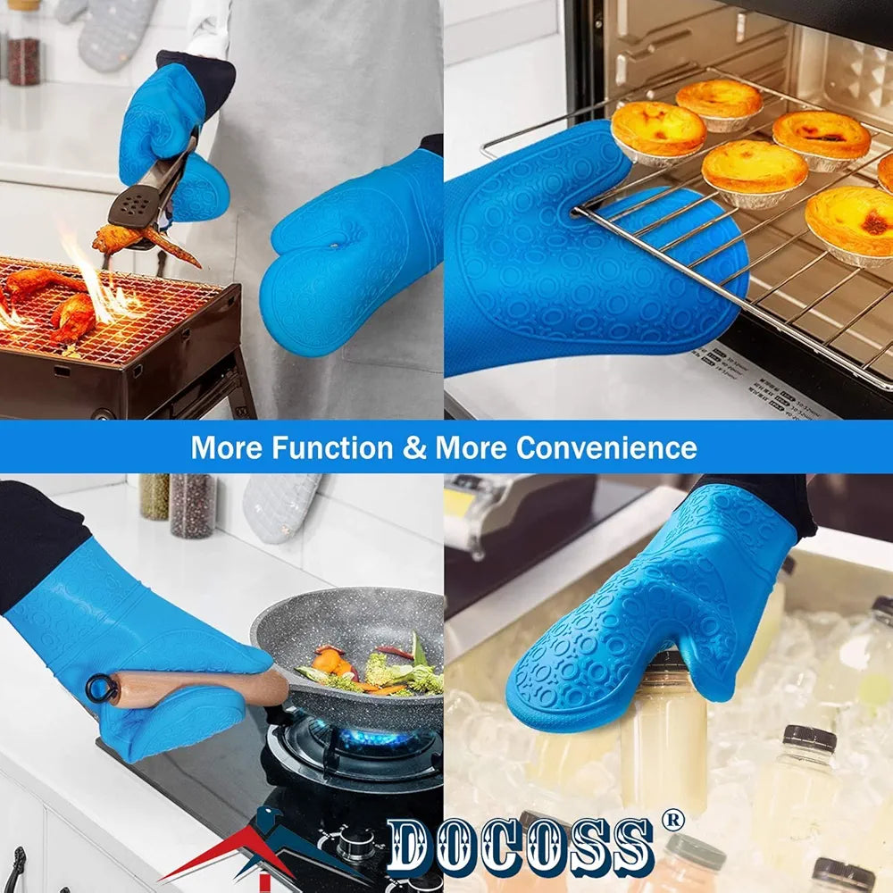 DOCOSS Large Silicone Oven Mitts Cotten Quilted Silicone Heat Proof Kitchen Oven Gloves for Baking 37.3 x 18.3 cms, 2 pc Set, Blue