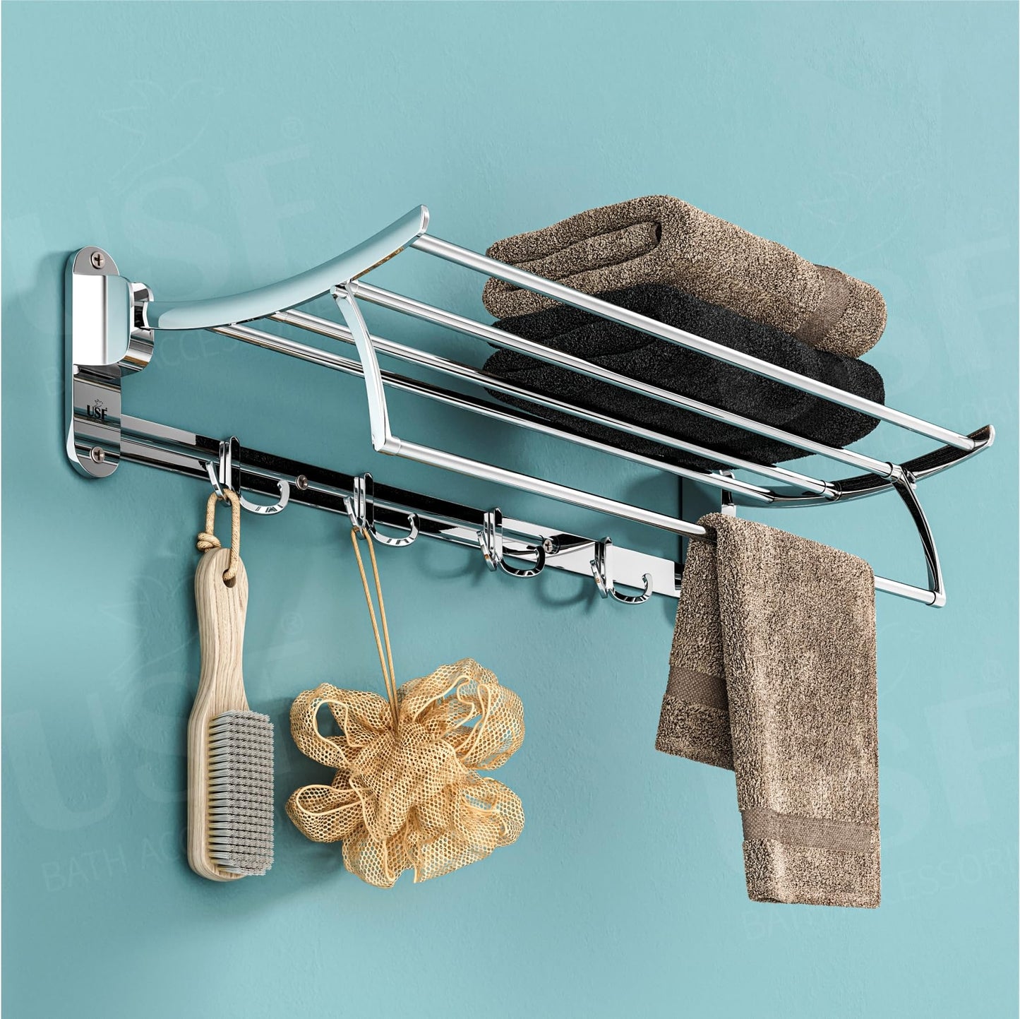 U-S-F BATH ACCESSORIES 24 Inch 304 Grade Stainless Steel Dual Folding Towel Rack/Bathroom Towel Hanger/Foldable Towel Bar for Bathroom Heavy-Duty & Space Saving - Chrome Finish (Pack of 1)