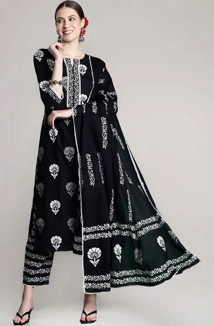 INDO ERA Women's Printed Pure Cotton Straight Kurta Pant With Dupatta Set