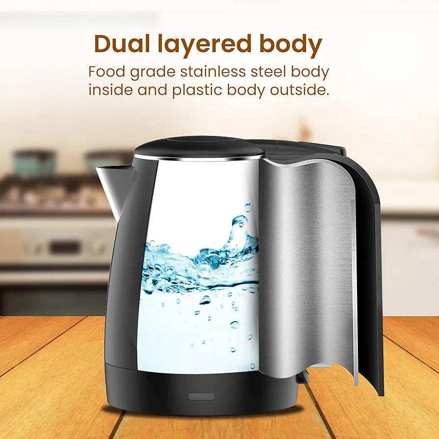 AGARO Royal Double Layered Kettle, 1.5 Litres, Double Layered Body, Cool Touch Handle, Dry Boiling Protection, Stainless Steel Inside Body, 1500W, Black