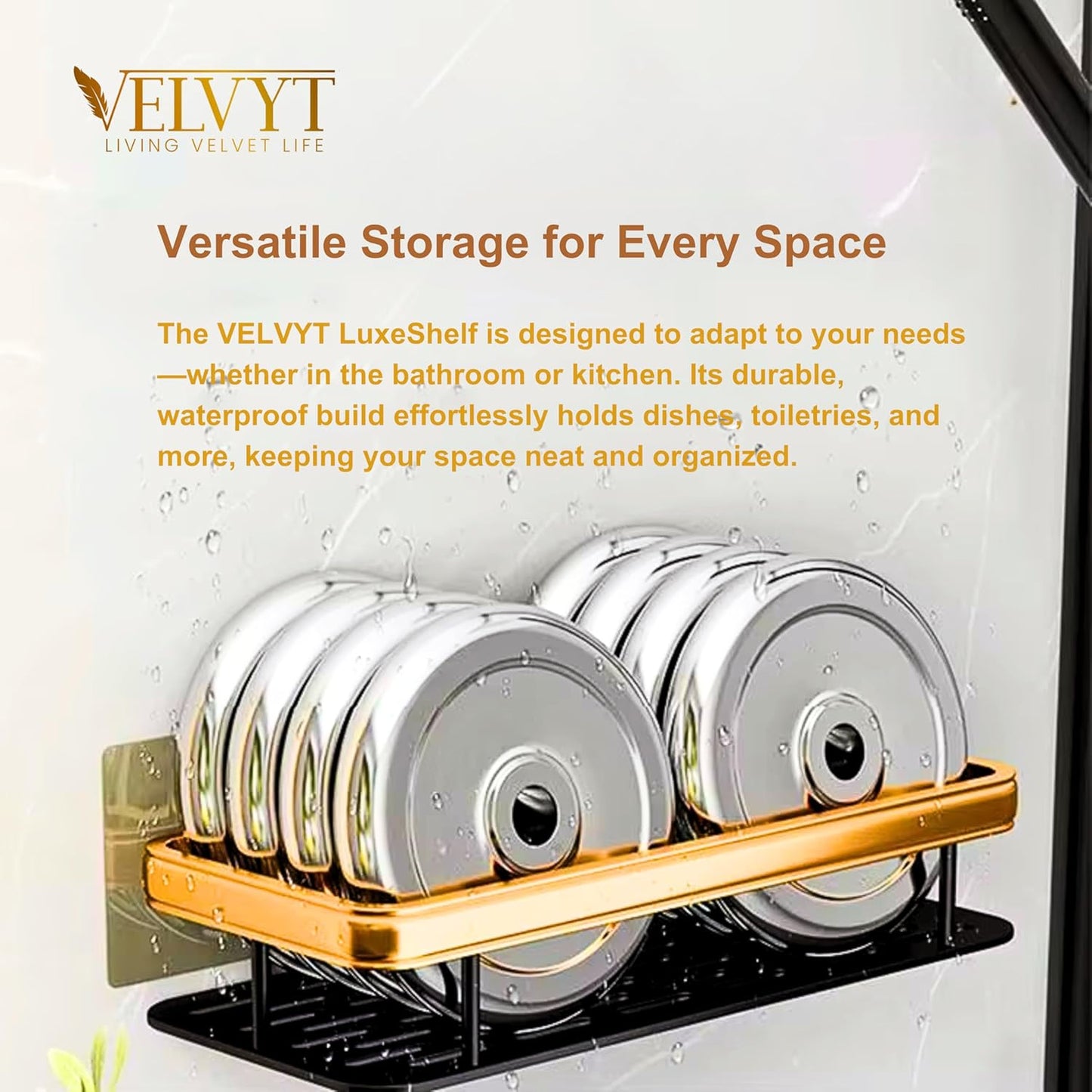 VELVYT LIVING VELVET LIFE Aluminium Bathroom Shelves, Bathroom Organiser Without Drill, Self-Adhesive Multipurpose Wall Mounted Bathroom Shelf & Kitchen Organizer, Bathroom Rack (Pack of 2, Gold)
