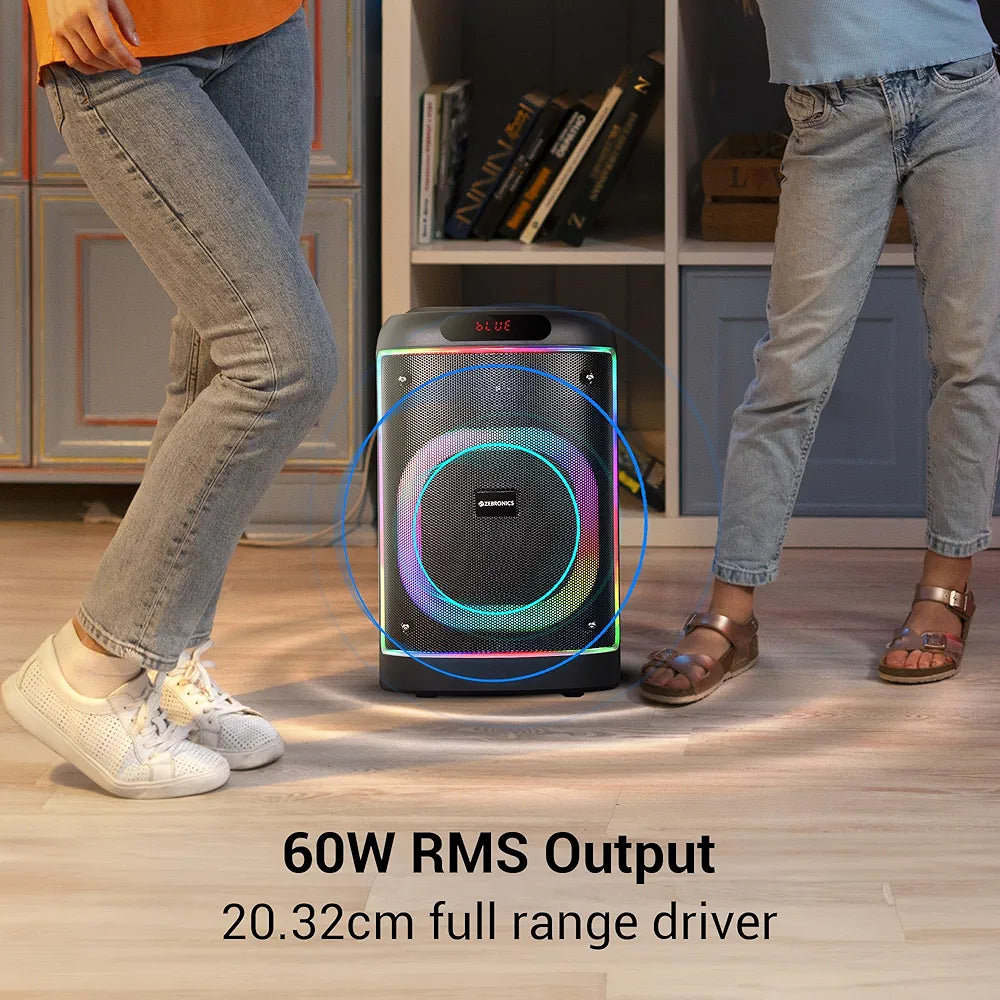 ZEBRONICS BASH Portable Bluetooth Speaker, 60W RMS, 20.32cm Full Range, Upto 6 Hours Playback, BTv5.0 | USB | mSD | AUX | TWS, RGB LED, Karaoke, Included Voice Changing Wireless Microphone