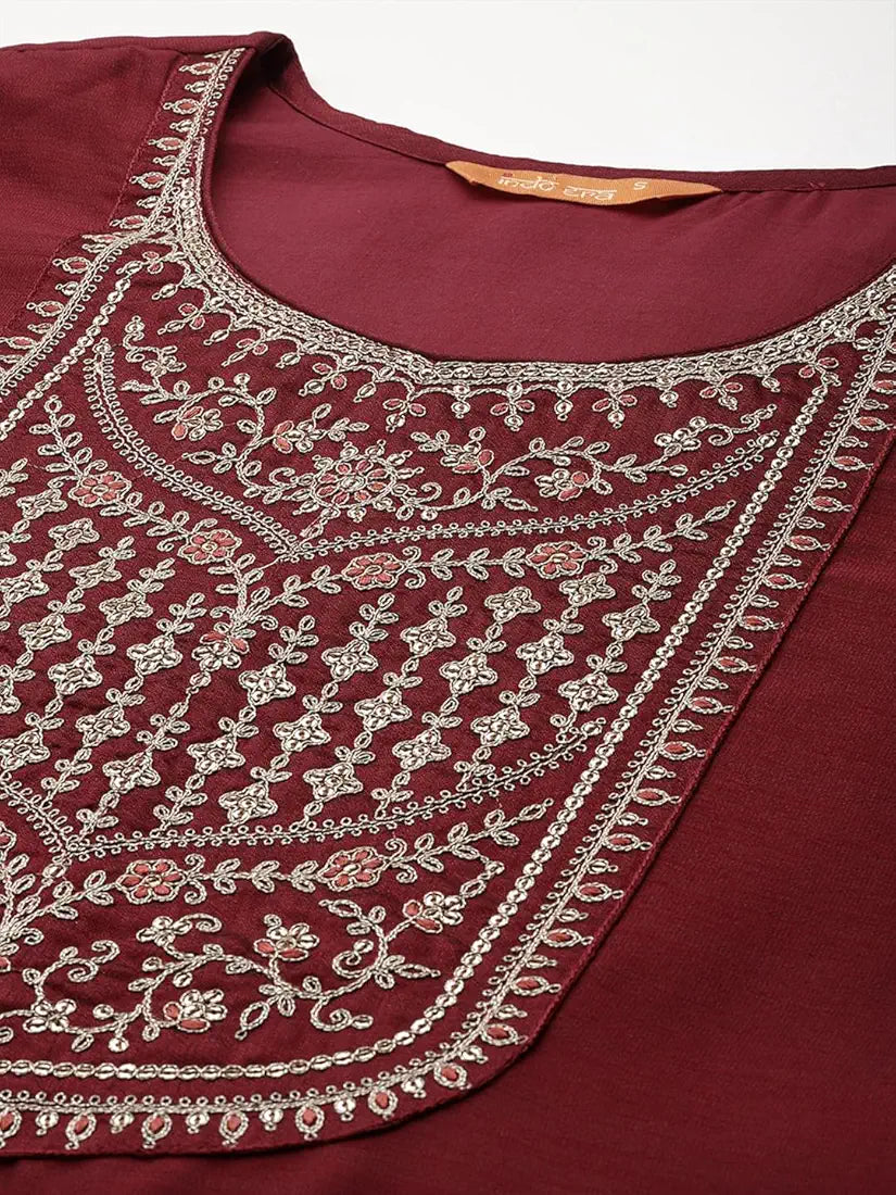 INDO ERA Women's Embroidered Silk Blend Straight Kurta Pant With Dupatta Set