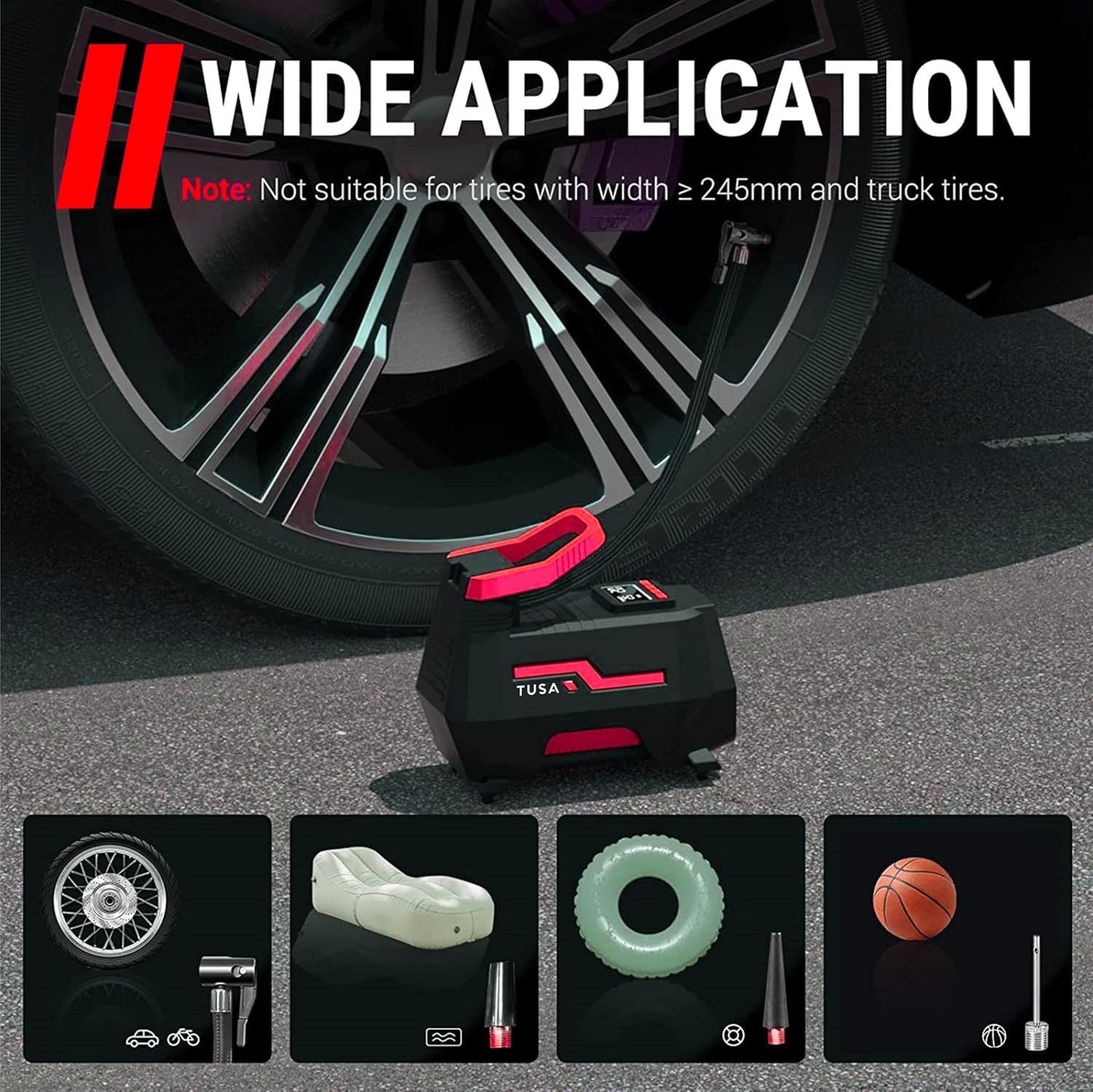 TUSA AC/DC 2-in-1 Tyre Inflator - Portable Air Compressor for Car & Home, Air Pump with Auto Shutof & Fast Inflation.