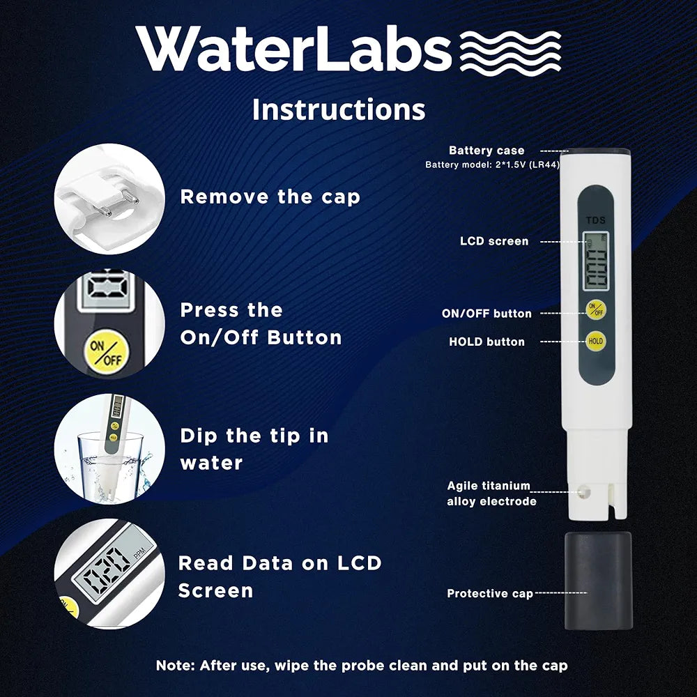 WaterLabs TDS Meter for Home,Water Quality Tester, 0-999ppm Measurement Range for Drinking Water Aquariums, Pool etc