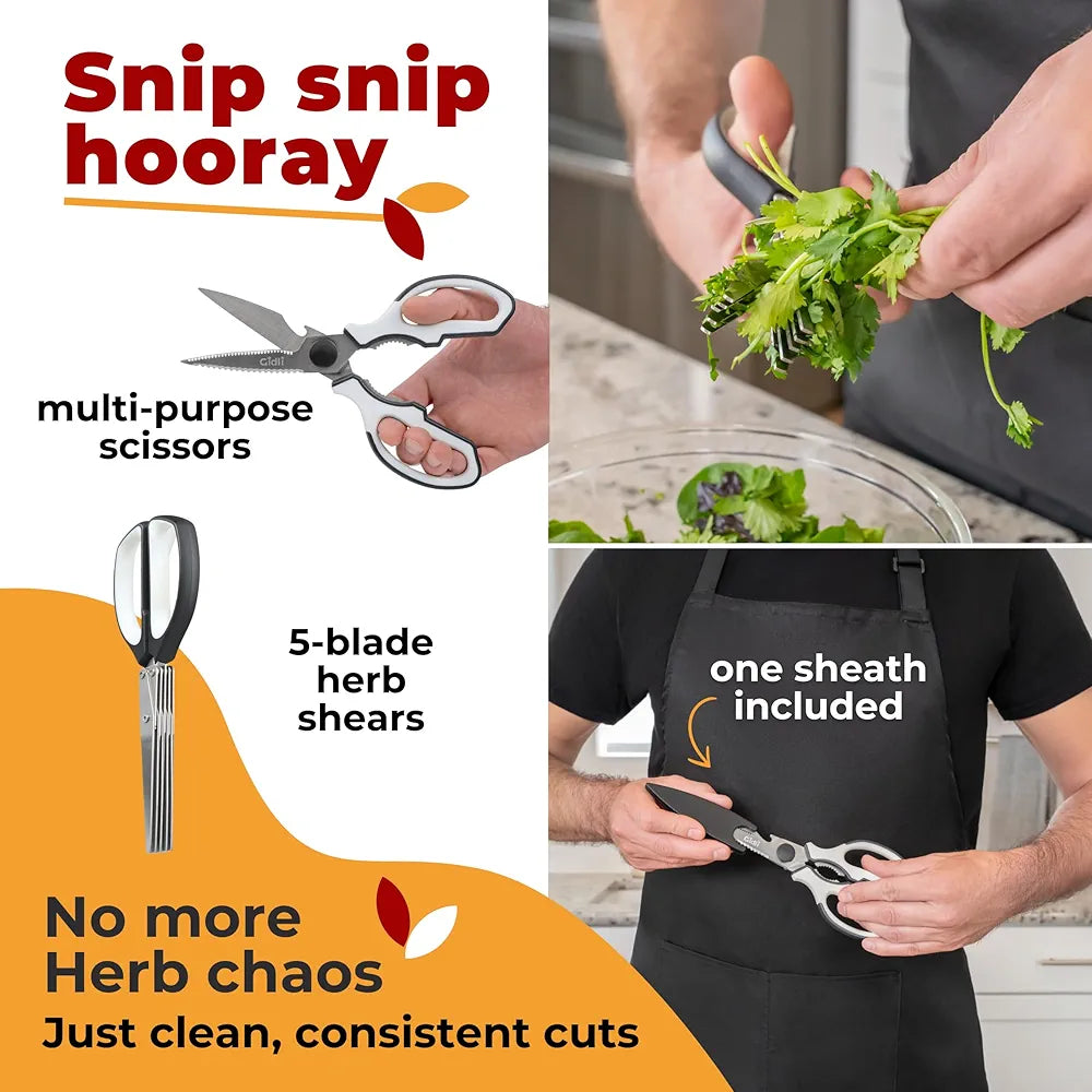 Gidli - Kitchen scissors - Includes herb scissors as bonus - sturdy and ultra-quiet stainless steel multi-function scissors