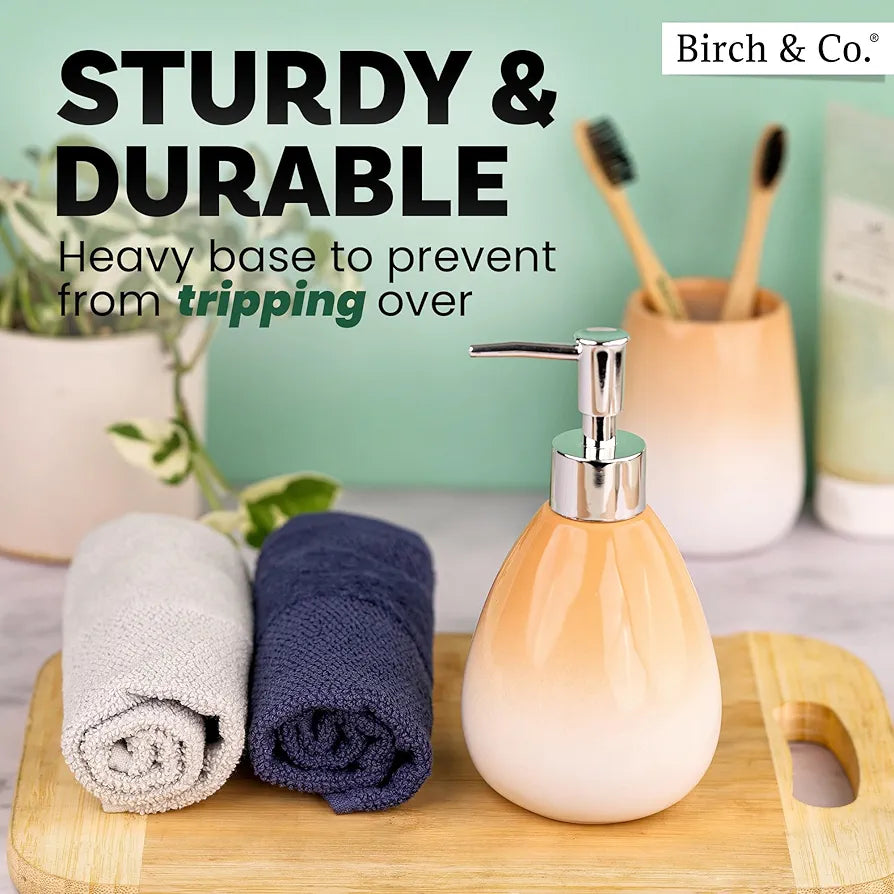 Birch & Co. Ceramic Soap Dispenser For Wash Basin - Handwash Dispenser Bottle - Leak-Proof Design With Silver Glossy BPA-Free Pump, Omra, Peach,Soapdispenser_Omra_Peach