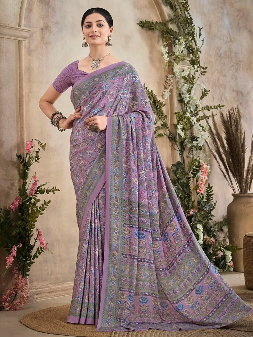 AKHILAM Women's Crepe Botanical Printed Saree With Unstitched Blouse