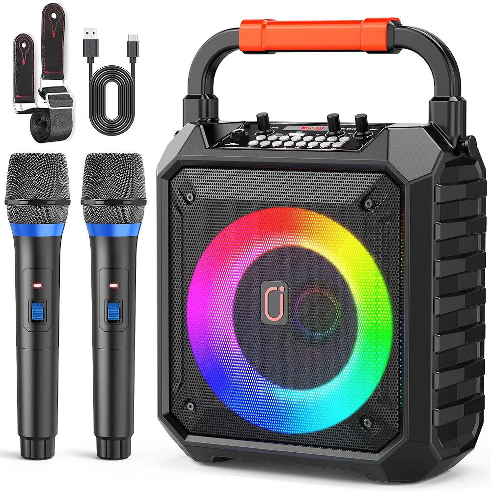 JYX Karaoke Machine with Two Wireless Microphones, Portable Bluetooth Karaoke Speaker with LED Lights for Kids and Adults, PA System Speaker Supports TF Card/USB/AUX-in/REC for Party
