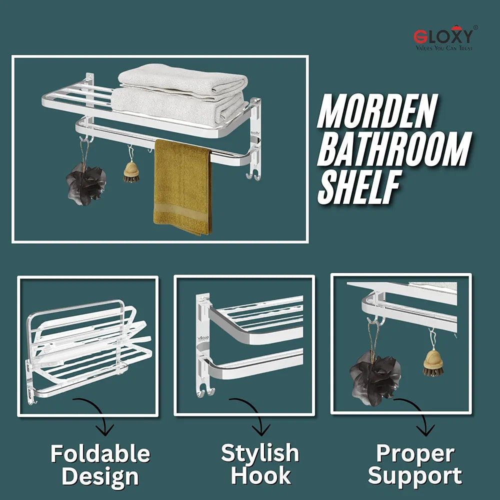 GLOXY Stainless Steel Folding 24 Inches Large Towel Rack for Bathroom/Towel Stand for Bathroom Accessories Set and Fittings Optimal Storage, with Sleek Chrome Finish