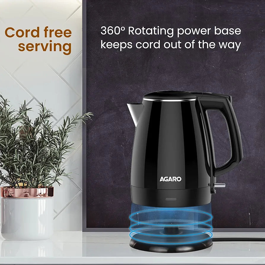 AGARO Royal Double Layered Kettle, 1.5 Litres, Double Layered Body, Cool Touch Handle, Dry Boiling Protection, Stainless Steel Inside Body, 1500W, Black
