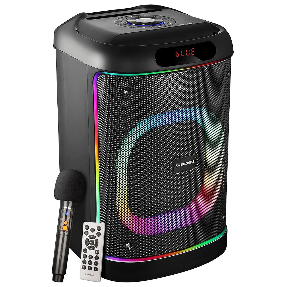 ZEBRONICS BASH Portable Bluetooth Speaker, 60W RMS, 20.32cm Full Range, Upto 6 Hours Playback, BTv5.0 | USB | mSD | AUX | TWS, RGB LED, Karaoke, Included Voice Changing Wireless Microphone