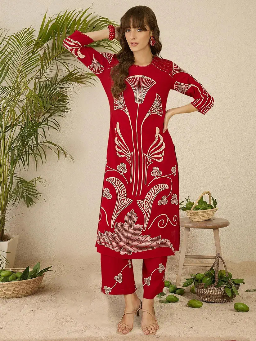 INDO ERA Women's Straight Viscose Rayon Ethnic Motifs Printed Kurta & Palazzo Set