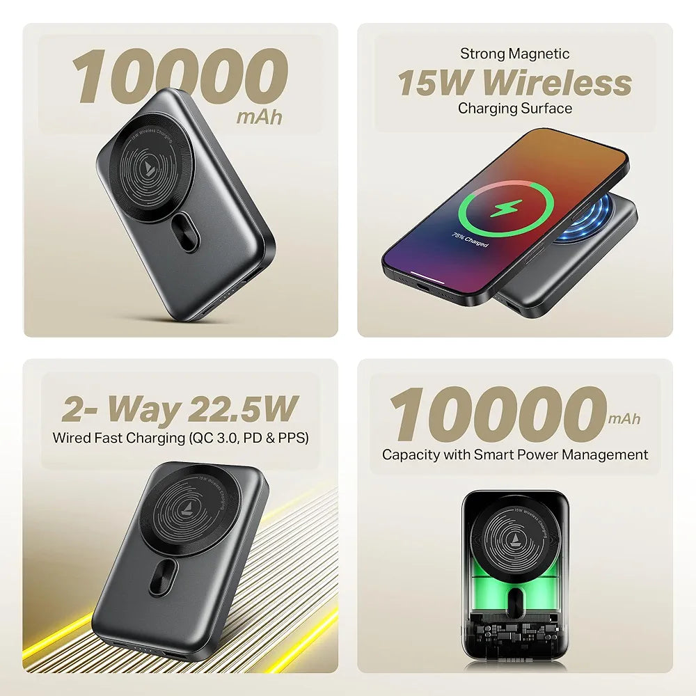 boAt New Launch EnergyShroom PB331 10000mAh Magnetic Wireless Powerbank, 15W Wireless & 22.5W Wired Charging for