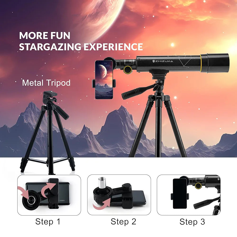 Zhizuka ZH400 Telescope 50mm Aperture 400mm Refractor with Phone Mount and Long Portable Tripod Stand Astronomical Refracting Scope for Kids Beginners and Adults with Phone Adapter