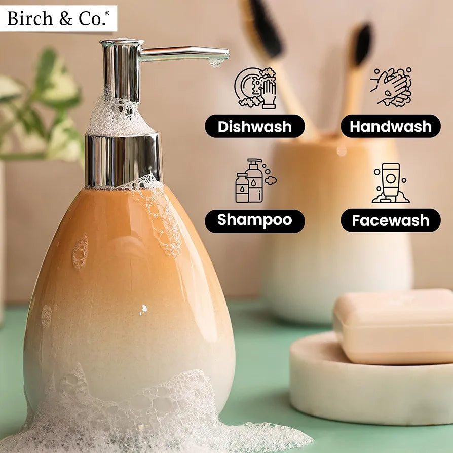 Birch & Co. Ceramic Soap Dispenser For Wash Basin - Handwash Dispenser Bottle - Leak-Proof Design With Silver Glossy BPA-Free Pump, Omra, Peach,Soapdispenser_Omra_Peach