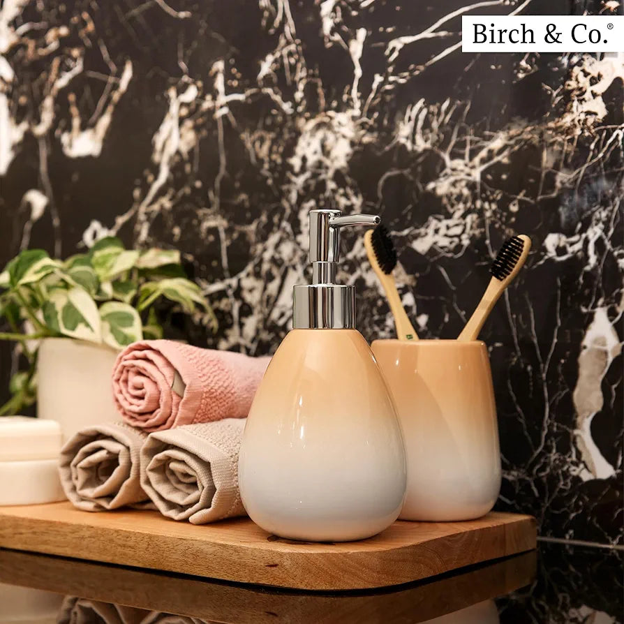Birch & Co. Ceramic Soap Dispenser For Wash Basin - Handwash Dispenser Bottle - Leak-Proof Design With Silver Glossy BPA-Free Pump, Omra, Peach,Soapdispenser_Omra_Peach