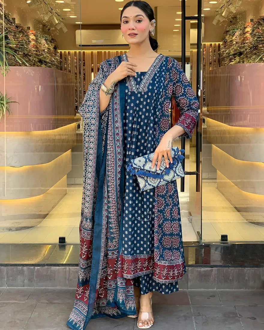 GoSriKi Women's Rayon Viscose Anarkali Printed Kurta with Palazzo & Dupatta