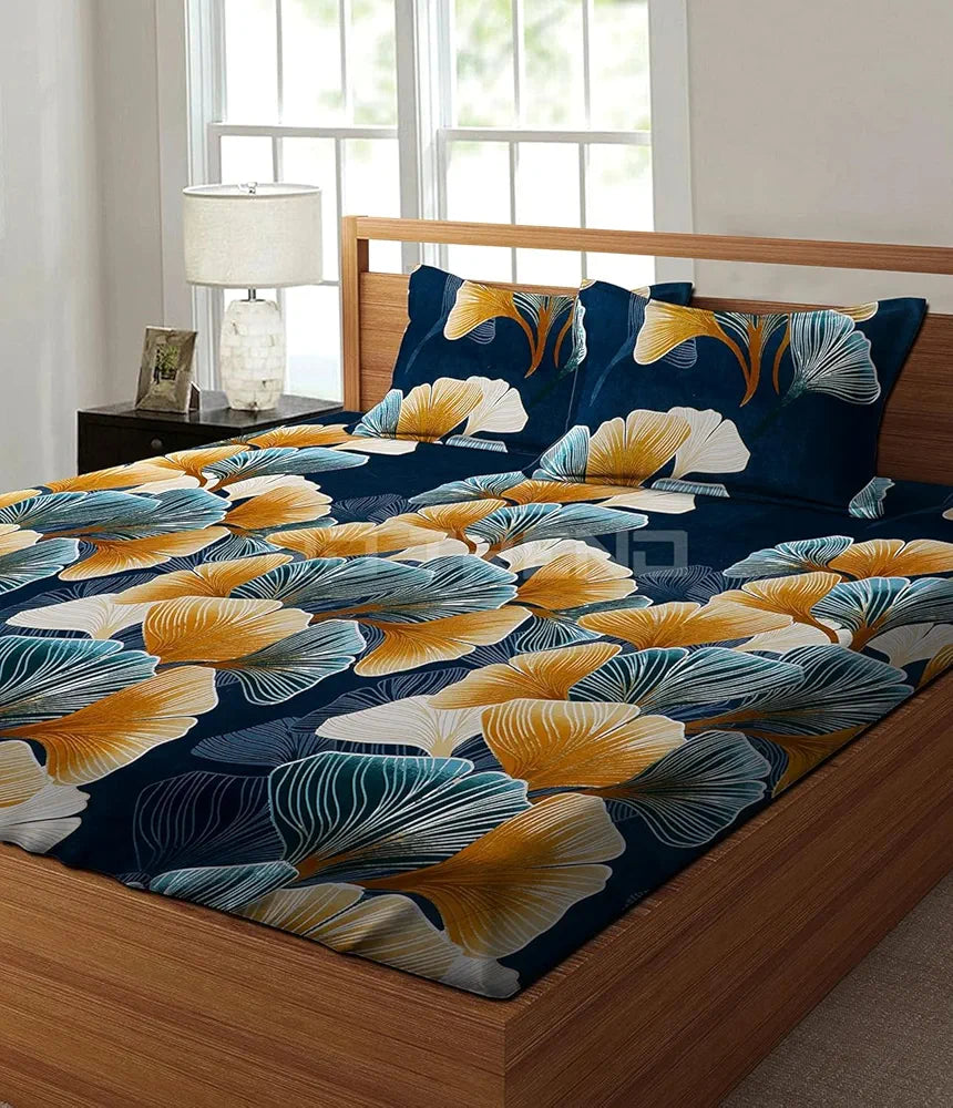 RD TREND Presents Luxurious Glace Cotton Super Soft 210 TC 360° Elastic Fitted Leafs Bedsheet Queen Size with 2 Pillow Covers, Color-Teal Blue