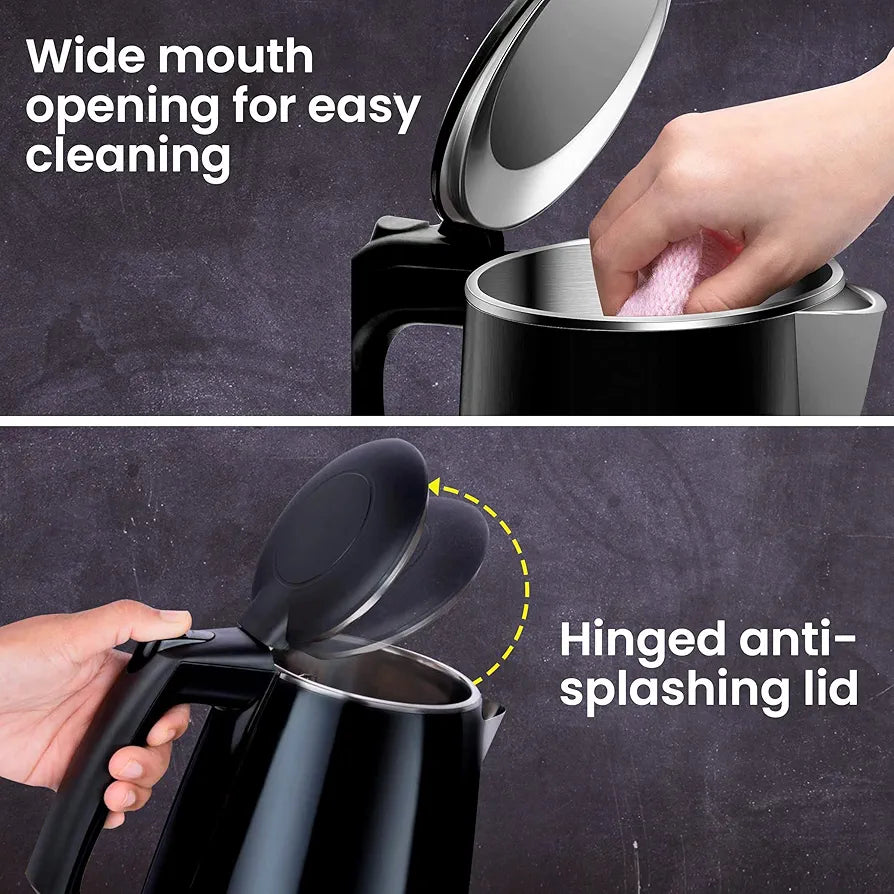 AGARO Royal Double Layered Kettle, 1.5 Litres, Double Layered Body, Cool Touch Handle, Dry Boiling Protection, Stainless Steel Inside Body, 1500W, Black