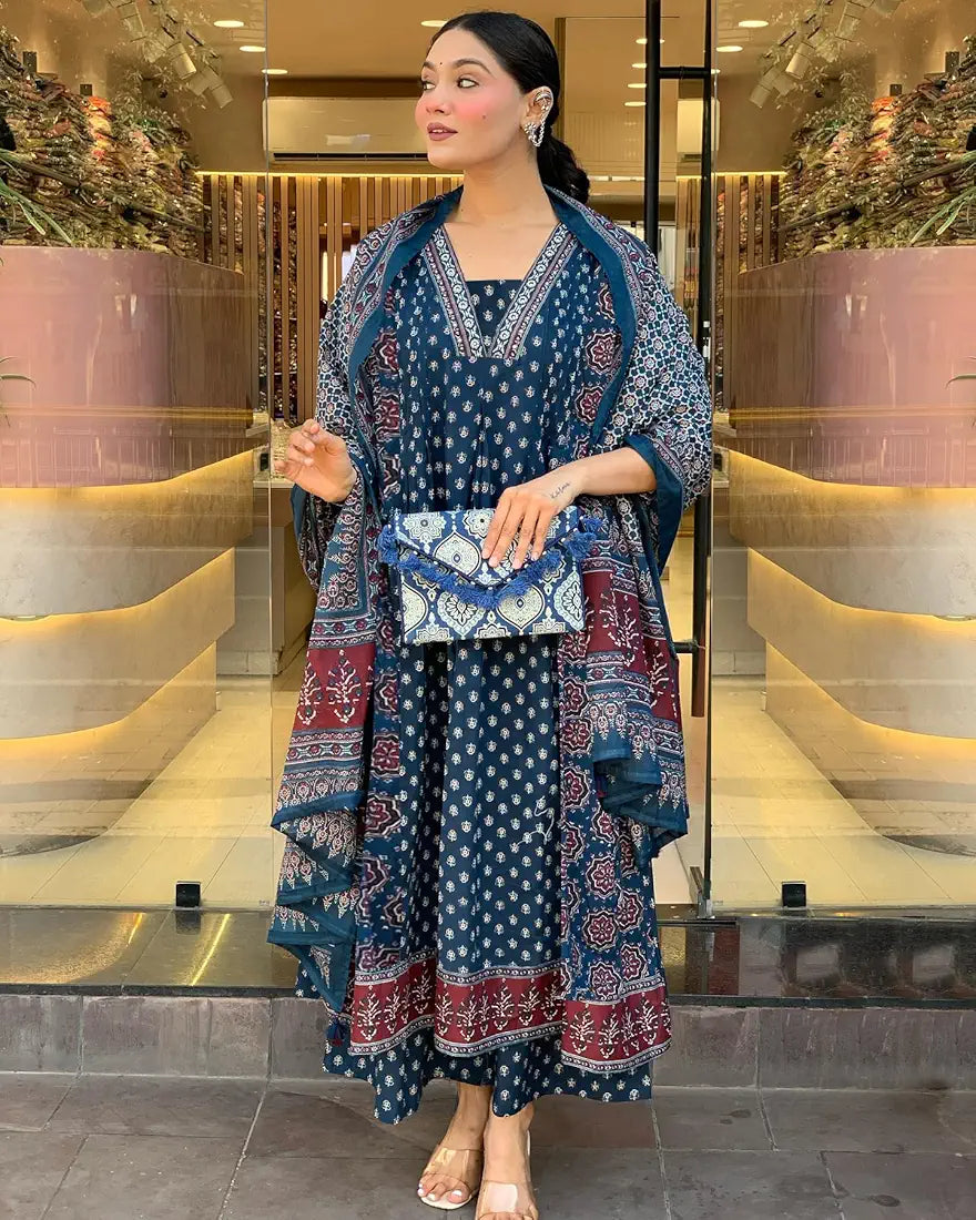 GoSriKi Women's Rayon Viscose Anarkali Printed Kurta with Palazzo & Dupatta