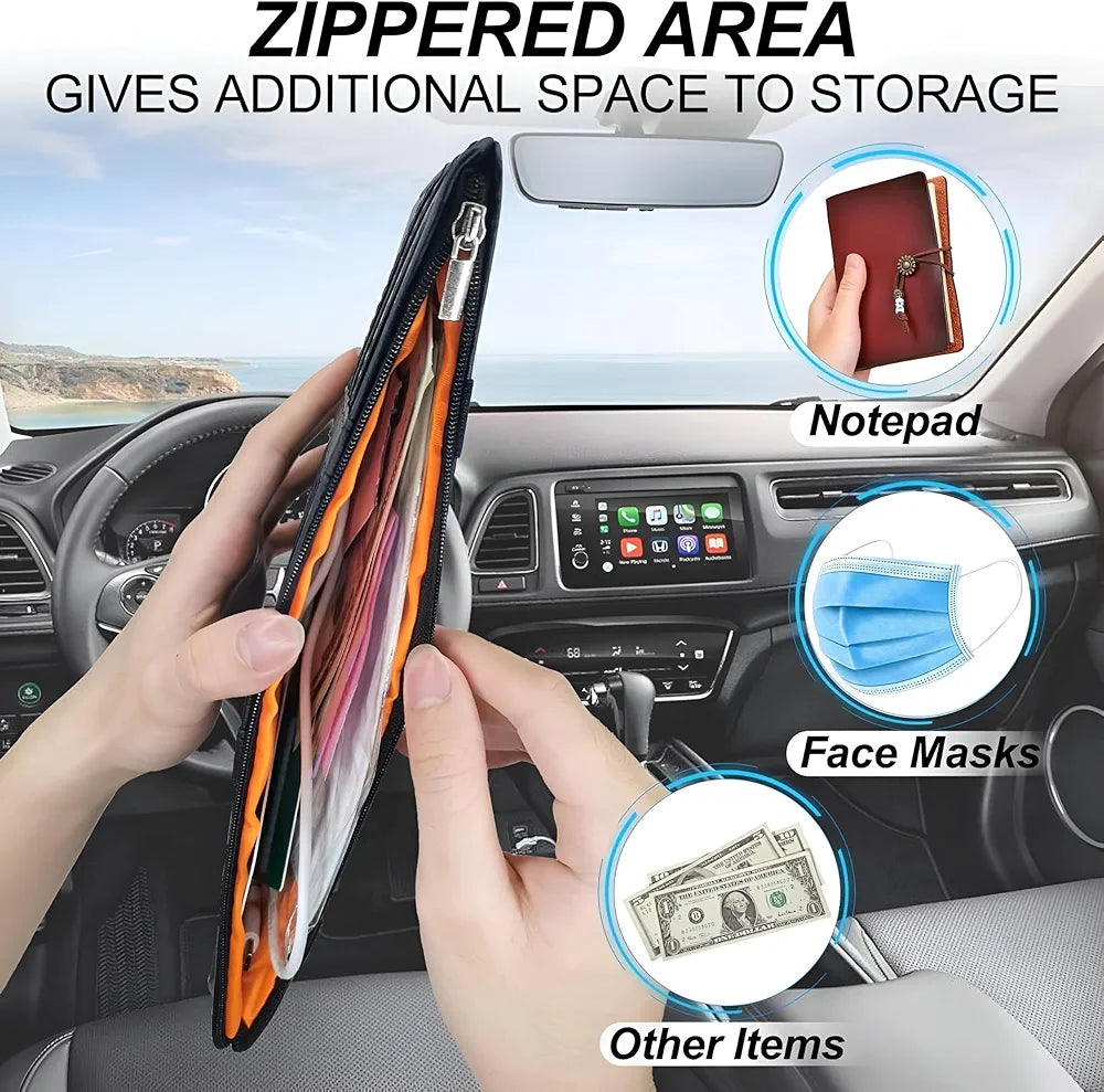 Car Sun Visor Organizer – PU Leather Multi-Pocket Storage Holder for Sunglasses, Cards, Pens & Documents – Universal Fit with Zipper Pouch, Mesh Slot & Secure Strap