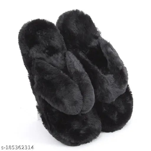 Black Bunny Winter Warm Fuzzy Thong Strap Premium Faux Fur Flip-Flops and Carpet Slippers of Indoor Bedroom & Outdoor for Women and Girls