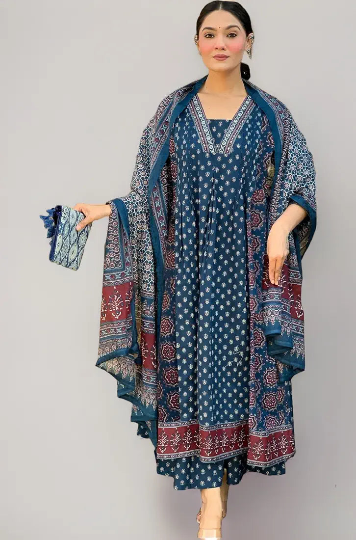 GoSriKi Women's Rayon Viscose Anarkali Printed Kurta with Palazzo & Dupatta