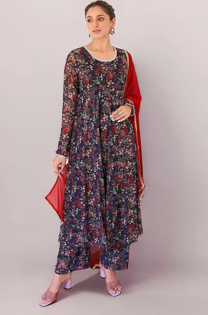 Janasya Women's Dark Blue Georgette Digital Floral Printed Kurta with Palazzo and Dupatta