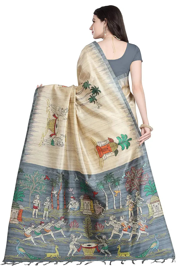 RANI SAAHIBA Women's Printed Art Tussar Silk Bhagalpuri Saree With Blouse Piece