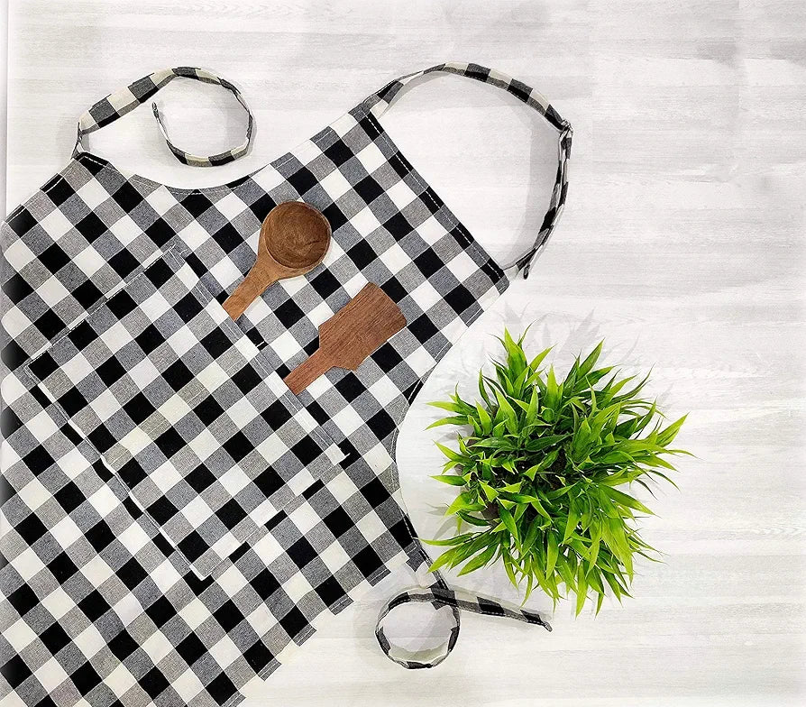 GLUN Waterproof Unisex Kitchen Checkered Design Apron with 2 Front Centre Pocket With Adjustable Neck Strap