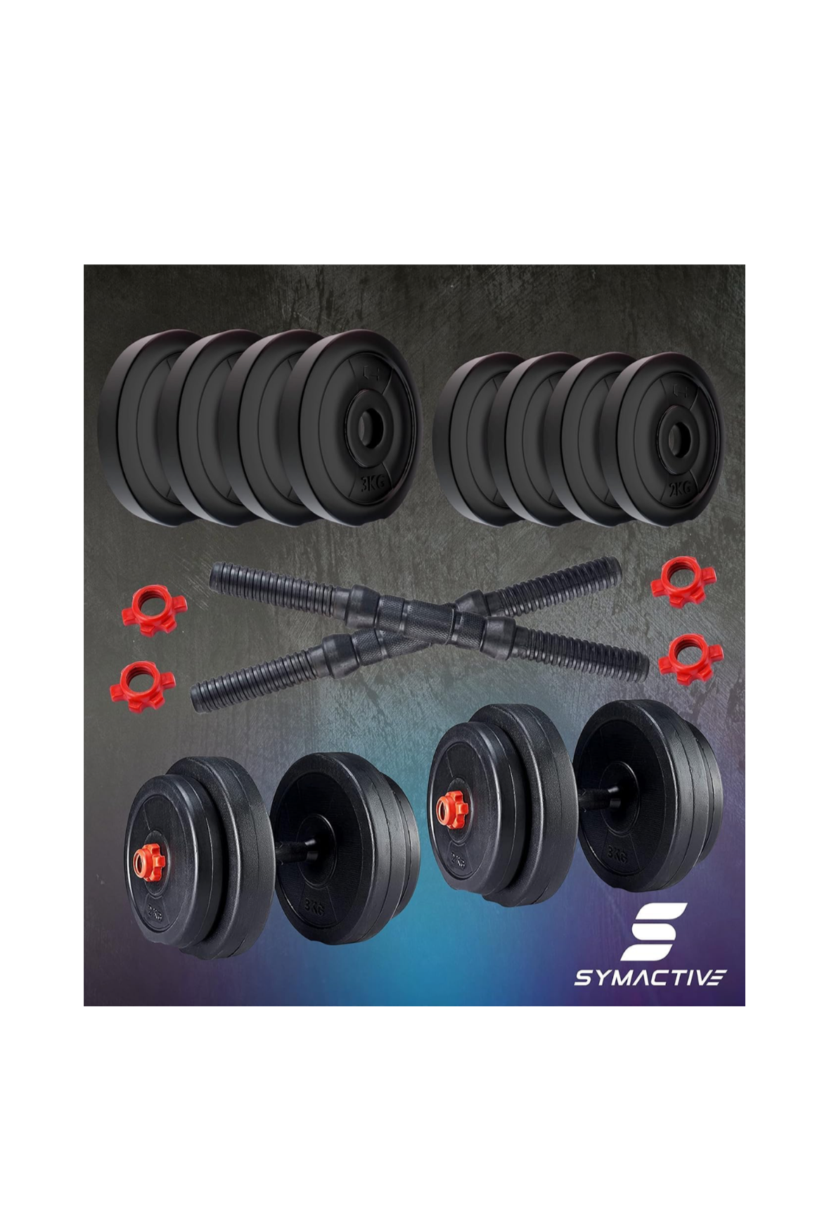 Symactive Pvc 20 Kg Adjustable Dumbbells Fitness Kit For Full Body Workout (2 Kg X 4 + 3 Kg X 4 Kg Pvc Weight, One Pair 14'' Dumbbell Rods&Nuts),Black