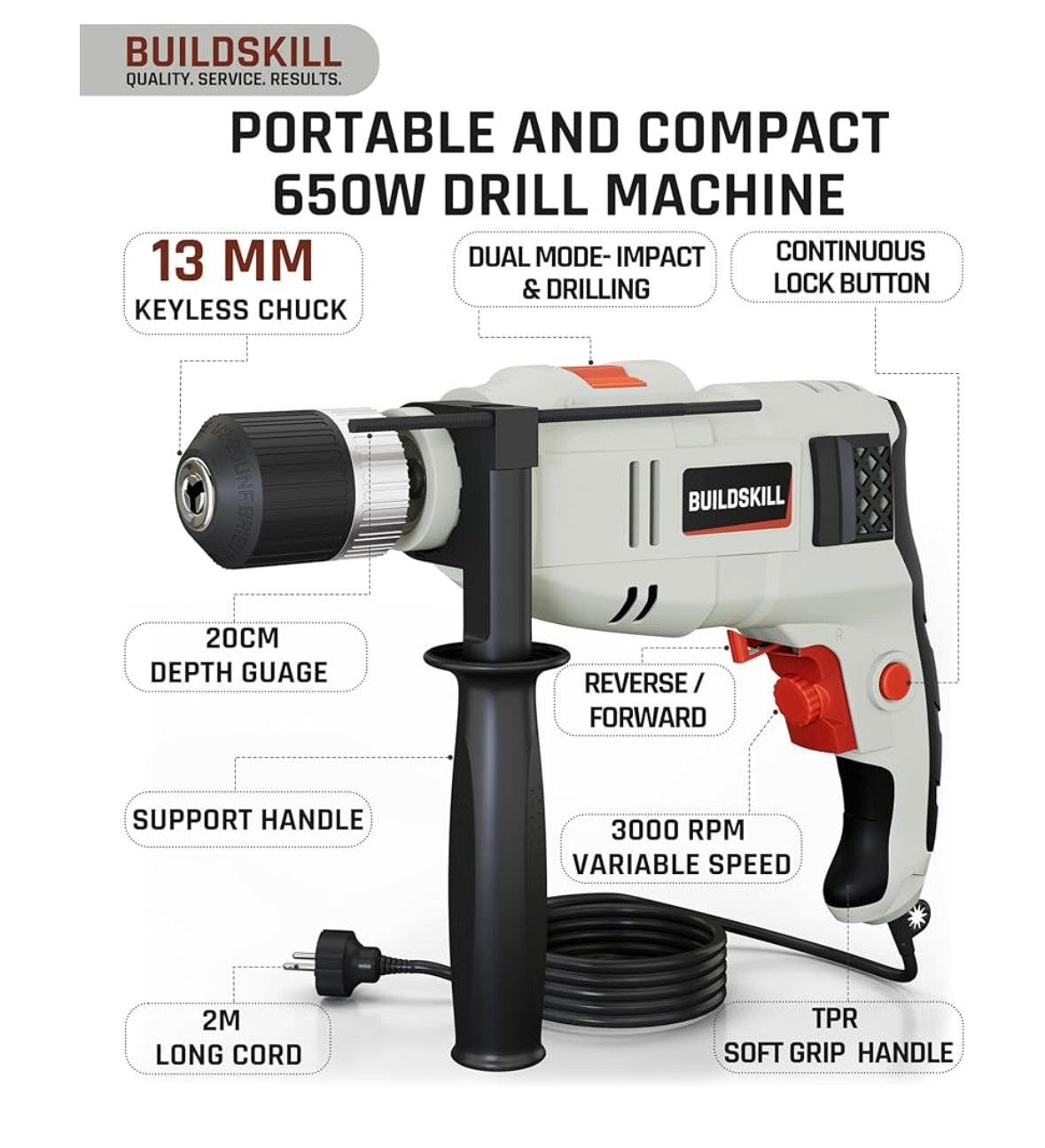 BUILDSKILL 136 Pcs 650W Copper Armature Professional Impact Drill Machine Tool Kit | 13MM Keyless Chuck | 3000 RPM Variable Speed with Forward & Reverse Function Drill Machine for Wall Drilling