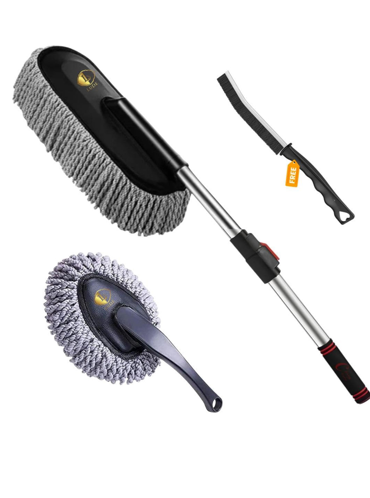 LUDE Premium Car Cleaning Accessories 2025 -Long Handle Duster Microfiber Brush for Interior & Exterior Dust, Scratch-Free 800 GSM Cloth, Car Dustbin, AC Vent Cleaner, After Wash Drying Wiper