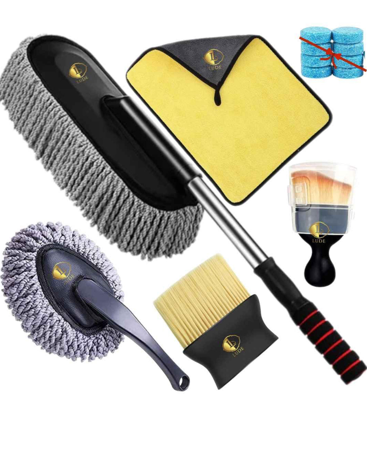 LUDE Premium Car Cleaning Accessories 2025 -Long Handle Duster Microfiber Brush for Interior & Exterior Dust, Scratch-Free 800 GSM Cloth, Car Dustbin, AC Vent Cleaner, After Wash Drying Wiper