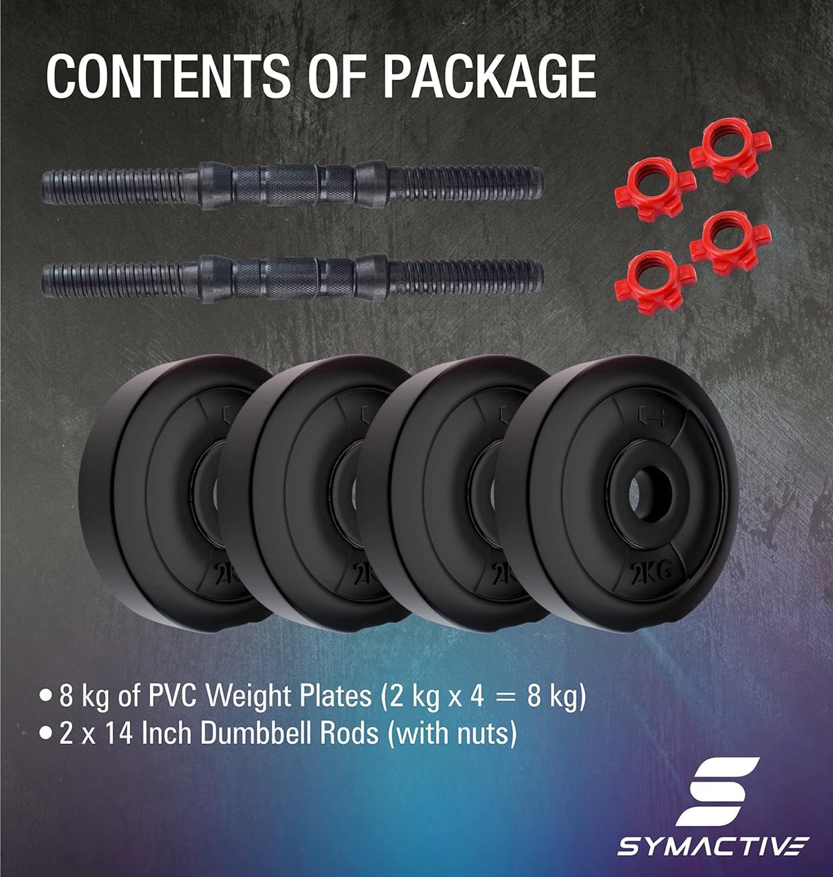Symactive PVC 8 Kg Adjustable Dumbbells Fitness Kit for Full Body Workout (2 Kg x 4 PVC Weight, 14'' Dumbbell Rods Pair & Nuts) | Black
