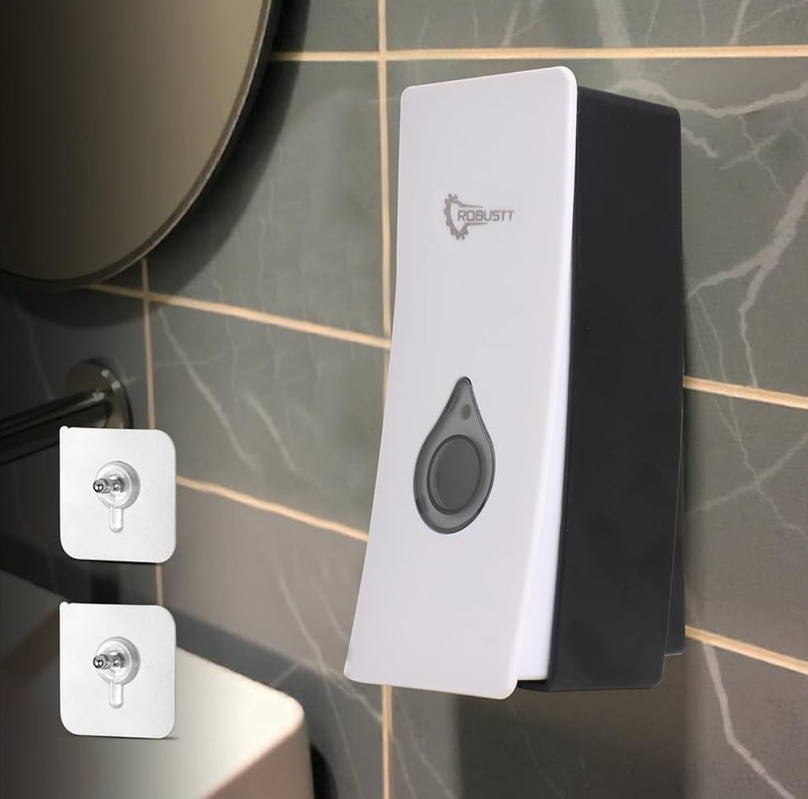 Robustt Manual Wall Mounted Liquid Soap Dispenser - Black - with Adhesive Hooks | Leak-Proof, Transparent Window, Easy Installation