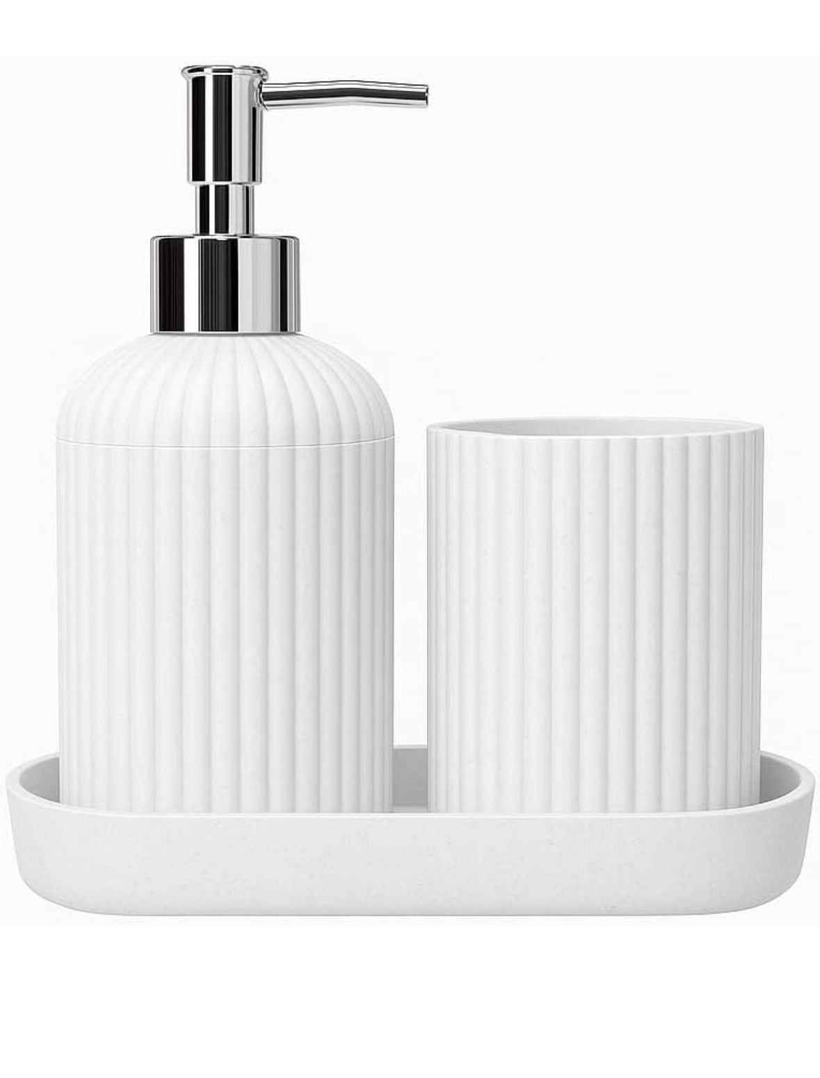 SKADIOO 3-Piece Soap Dispenser Set for Bathroom – Soap Dispenser for Wash Basin, Toothbrush Holder, Vanity Tray & Countertop Organizer for Modern Bathroom Décor & Sink Storage
